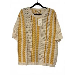 La Miel women's yellow and ivory crochet short sleeve sweater sz L new tags 1636